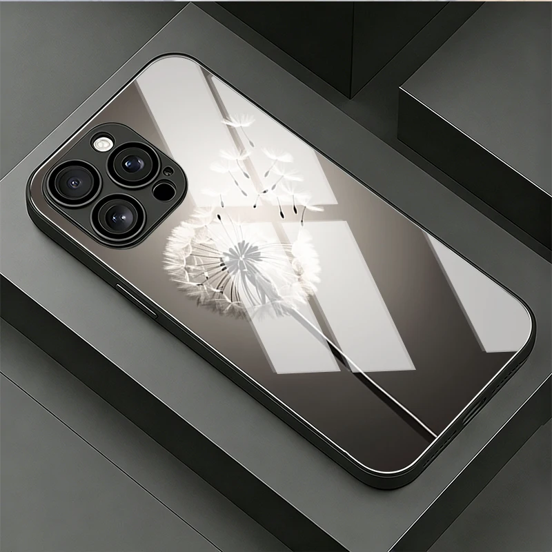 Funda de Teléfono de Vidrio Templado con Diseño de Diente de León Gris Blanco para Samsung Galaxy S26 S25 Ultra 5G S24 Plus S23 FE, Protección Antigolpes para Lente
