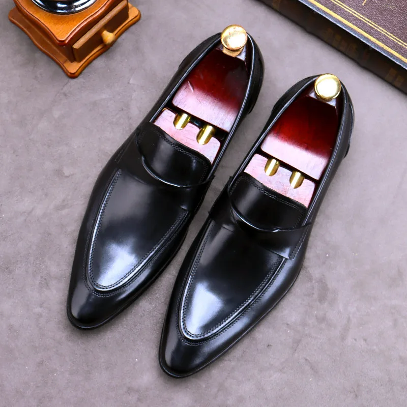 New British Retro Business Formal Leather Shoes Casual Genuine Leather Shoes Men\'s Wedding Shoes Shallow Slip-On Loafers for Men