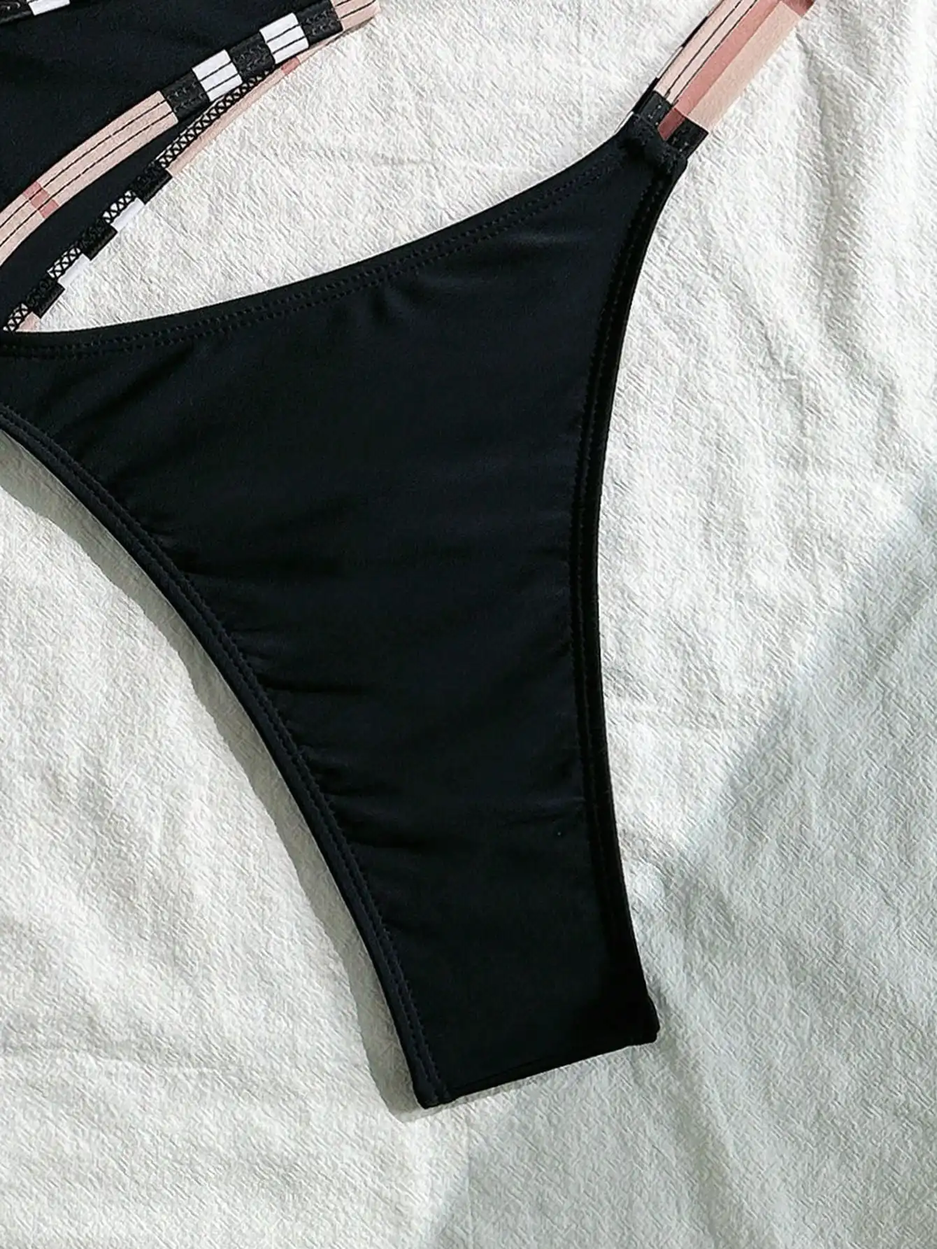

Black 3 Piece Bikini Set With Plaid Trim For Women Beach Vacation Swimwear