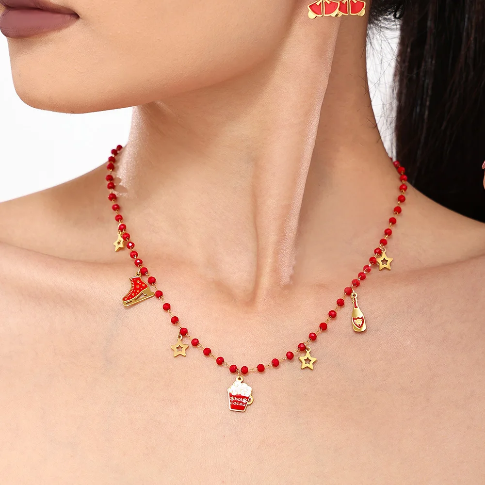 Star Beer Schlittschuh-Halsketten, Armbänder für Damen, 316L Edelstahl-Gliederkette, rote Granatperlen, Weihnachtsschmuck-Set, Geschenke – Detail 5