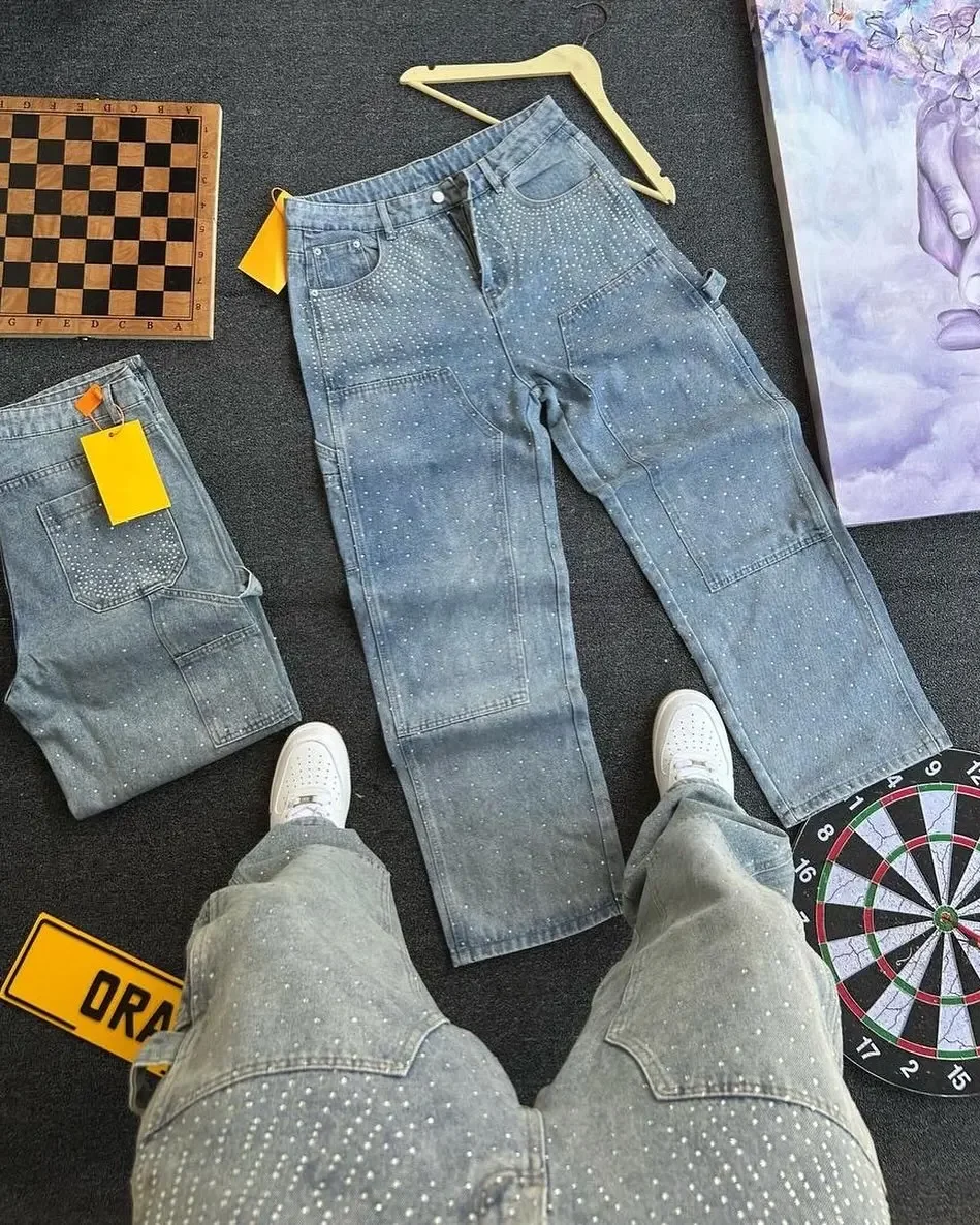 Celana Jeans Vintage 2025 Berhias Rhinestone dan Sequin untuk Pria, Streetwear Hip Hop, Kantong, Model Lurus, Vintage, Longgar, Pinggang Rendah, Celana Wanita
