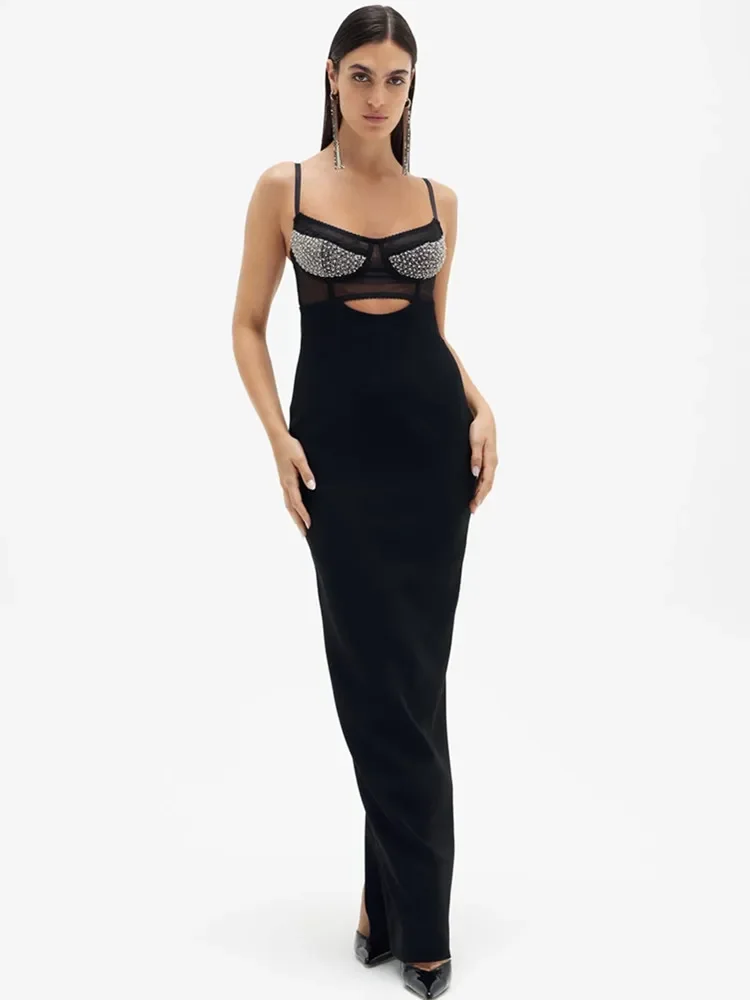 

Women Black Maxi Long Bandage Dress Elegant Spaghetti Strap Cut Out Beading Bustier Runway Fashion Celebrity Evening Party Gowns