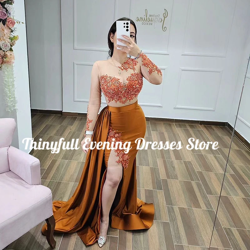 Thinyfull Formal Mermaid Prom Evening Dresses Long Sleeve Appliques Night Dress Saudi Arabia Cocktail Party Prom Gowns Plus Size