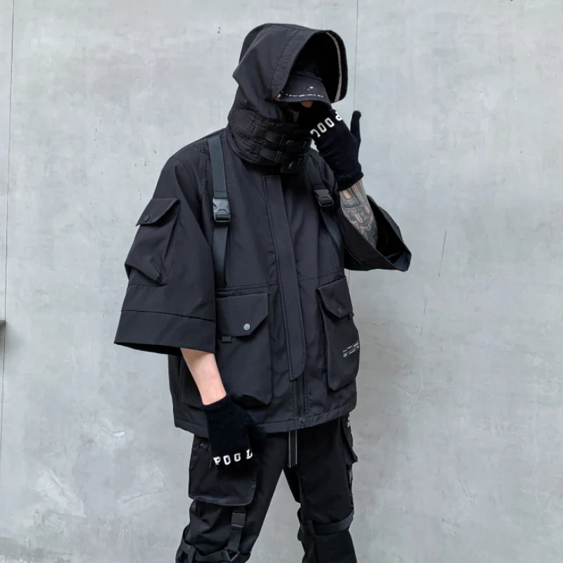 

Yamamoto Style Spring/Summer Clothes Women Techwear Loose Multi-Pocket Jacket Men's Three-Quarter Sleeve with Hat Coat