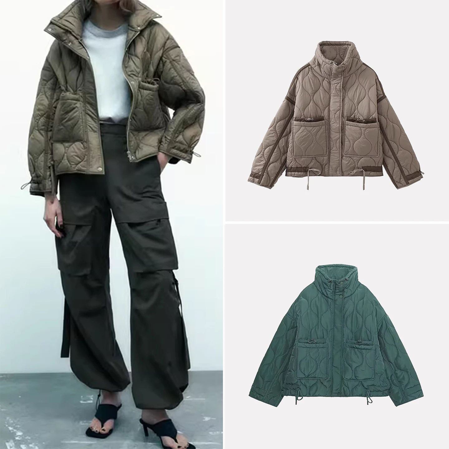 

Z Women's Faion Stand Collar Loose Diamond Stitching Jaet Coat Winter Long Sve Hooded Stand Fit Ladies Outerwear