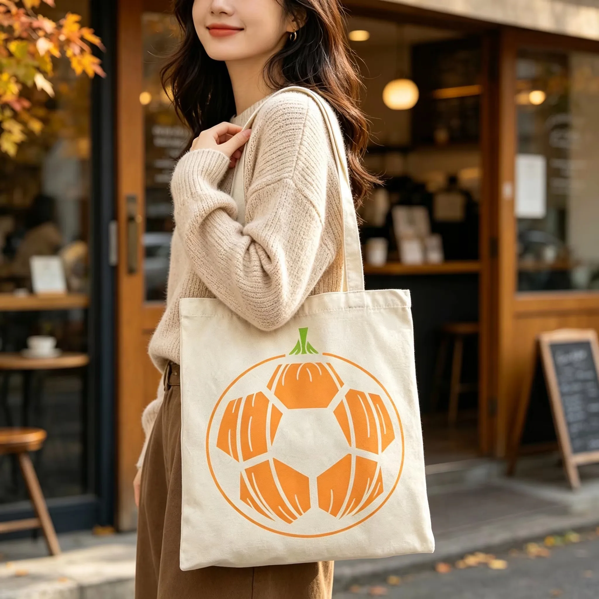 Personalized Pumpkin Soccer Canvas Tote Bags Custom Photo Logo Name Halloween Fall Grocery Shopping Bag Reusable for Women Gifts