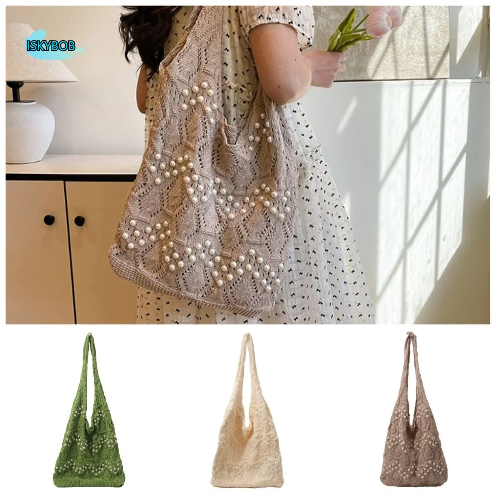 

Женская вязаная сумка через плечо с вырезами и бисерным декором, вместительная пляжная сумка-тоут, просторная портативная сумка для хранения мелочей