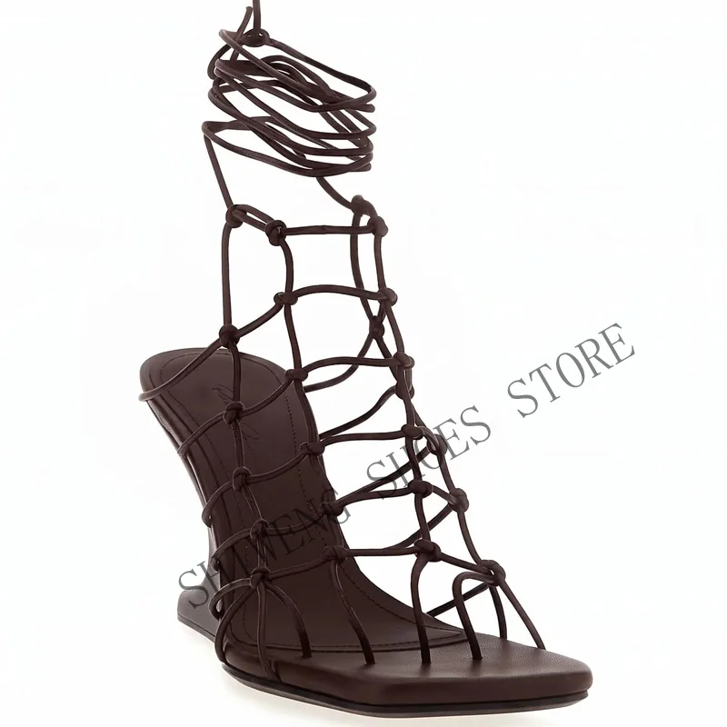 2026 Black leather knotted wedge heeled sandals gold lace up caged strappy square toe punk cool street dress high heels for Wome