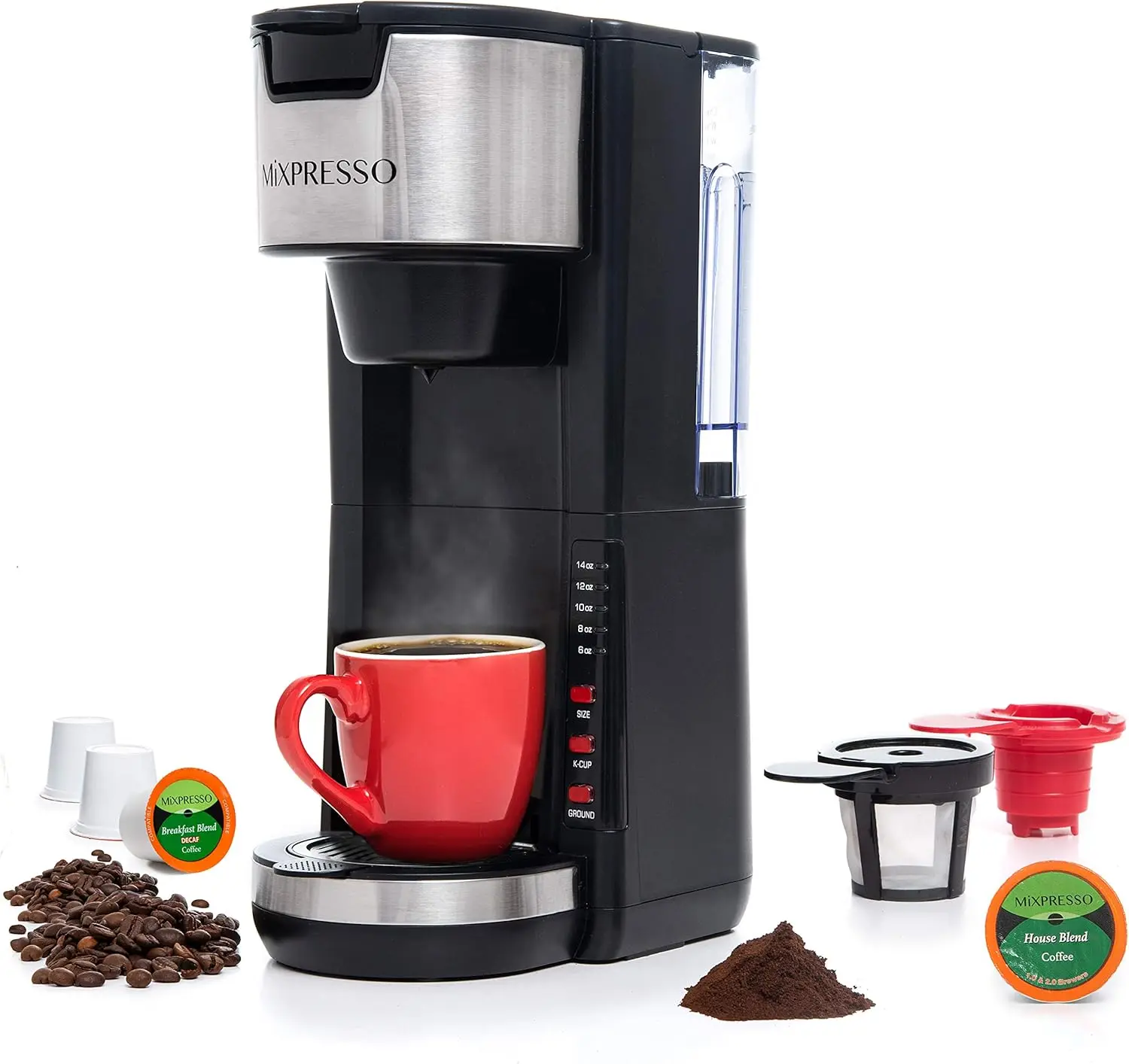 

Black Single Serve Coffee Maker, 30 oz, 5 Brew Sizes Up to 14 oz, Compatible K-Cup Pods, Adjustable Drip Tray, Fits Travel Mug