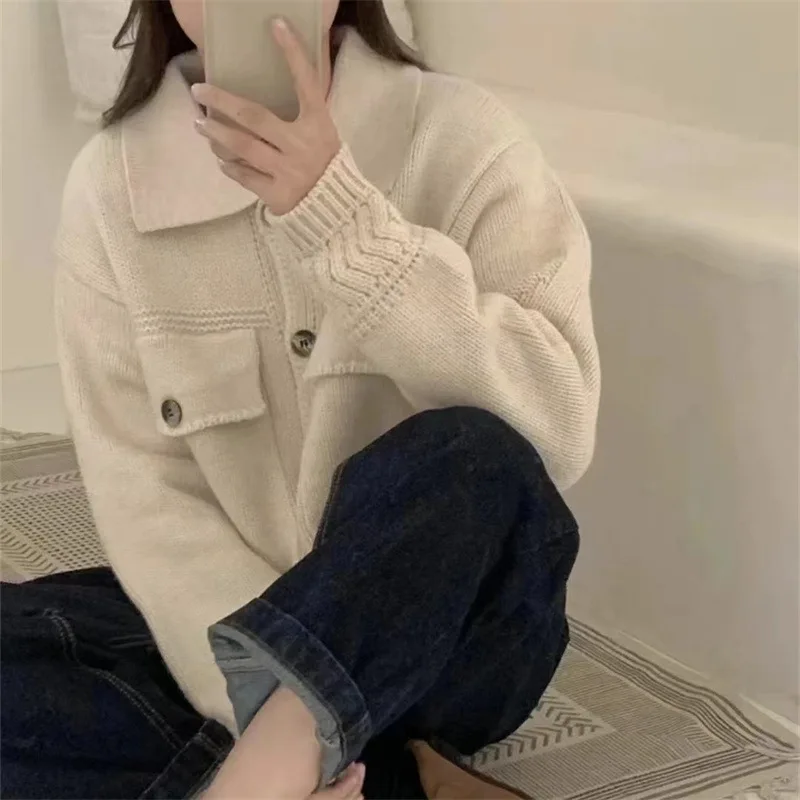 Cárdigan de punto con cuello abatible, nuevo estilo de otoño e invierno, suéter suelto y perezoso, chaqueta de manga larga, Top para mujer