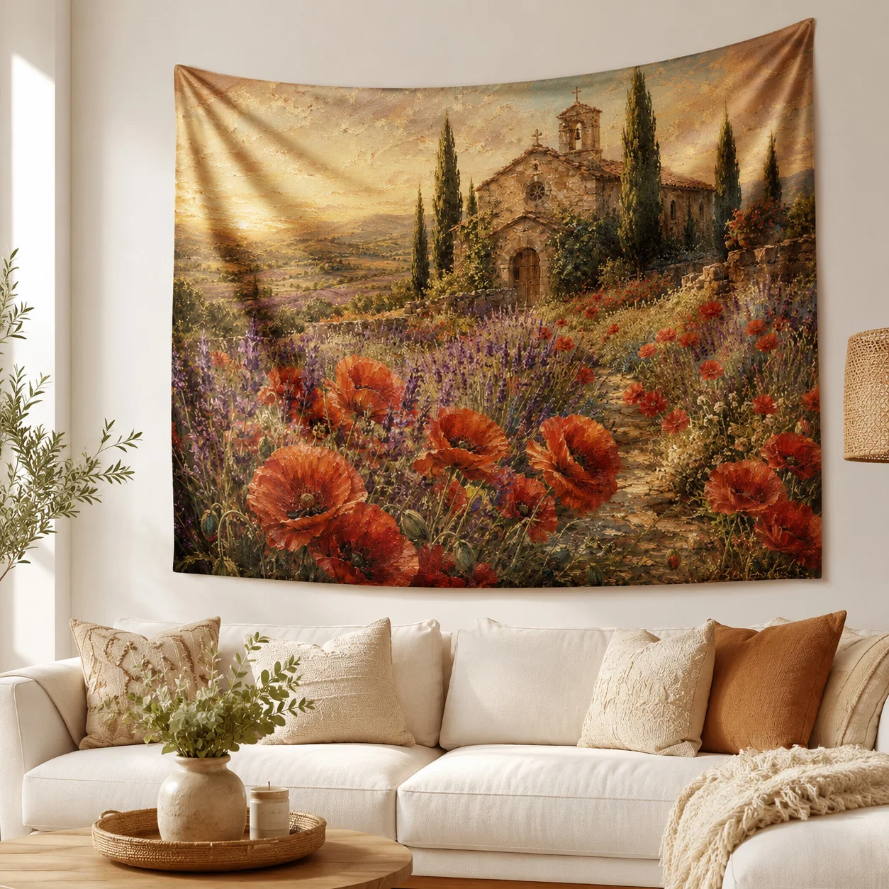 Vintage Poppy Field Tapestry Tuscan Countryside Landscape Wall Hanging Wildflower Oil Painting
