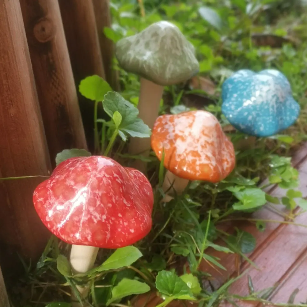 4Pcs Ceramic Mushroom Statues Realistic Mini Tiny Decorations for Garden Home Yard Succulent Pot Micro Landscape