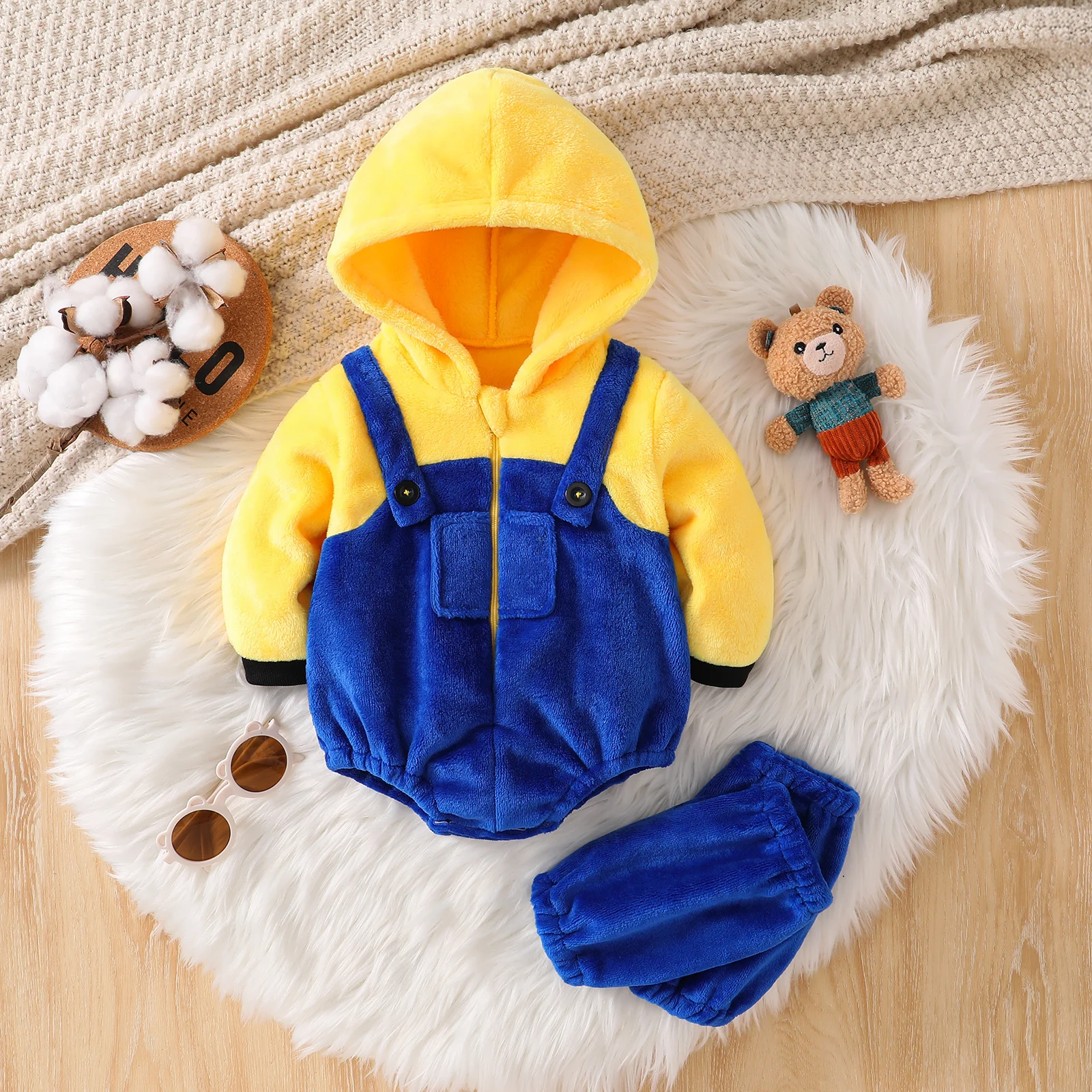 

Toddler Baby Animal Costume Fleece Long Sleeve Hooded Romper Leg Warmers Halloween Plush Jumpsuit Cosplay Outfit