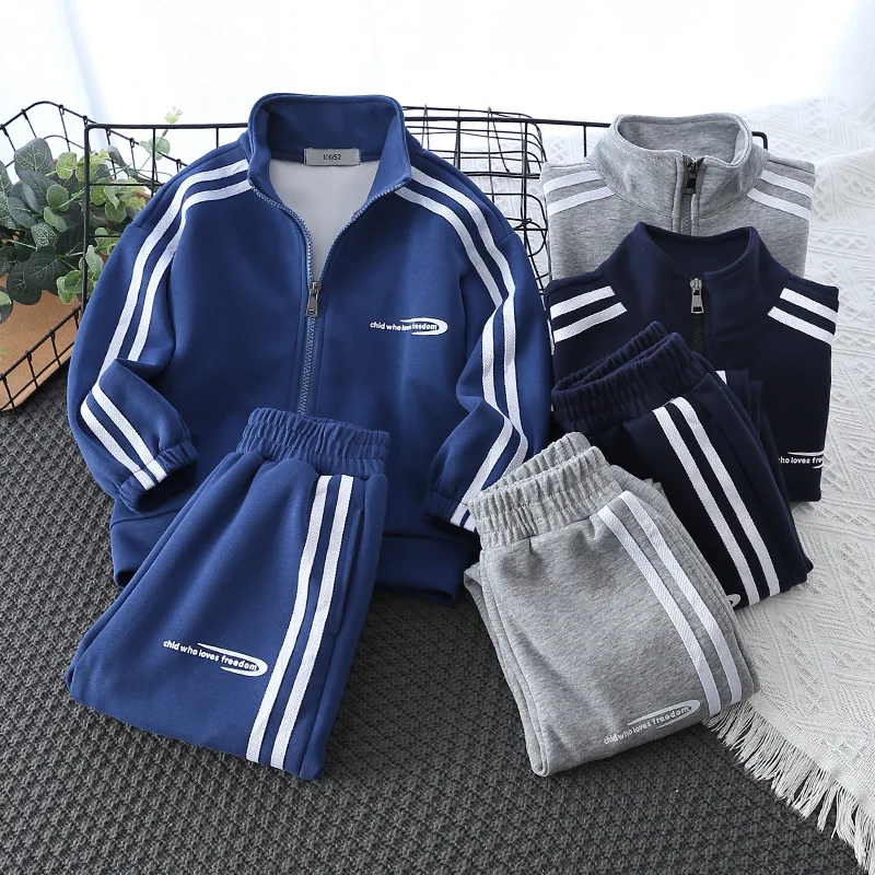 Spring Striped Boys Workout Sweatshirt + Sweatpant Suit Kids Tracksuit Children Jumper Pant Jogger Set 2-13 Years