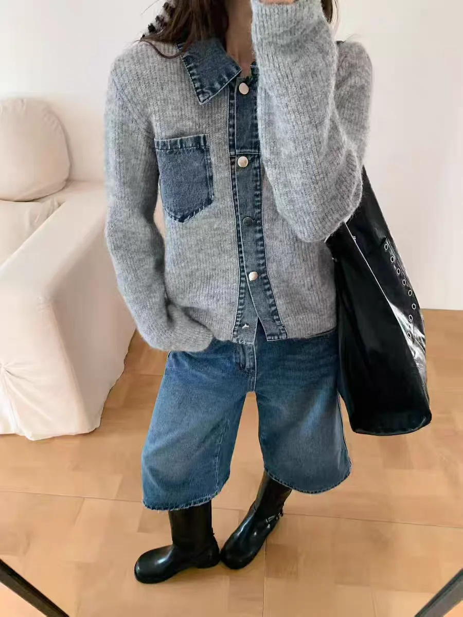 

Женский джинсовый лоскутный трикотаж с длинным воротником-свеком на одной пуговице, осенне-зимний теплый повседневный хлопковый кардиган, пальто