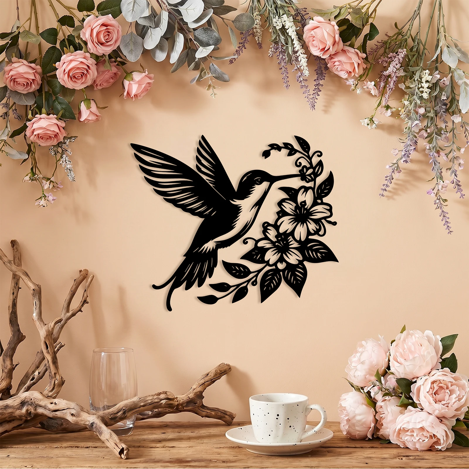 Hummingbird Flower Metal Wall Decor Rustic Farmhouse Black Hummingbird Wall Art Home Decor for Living Room Yard Garden Wall