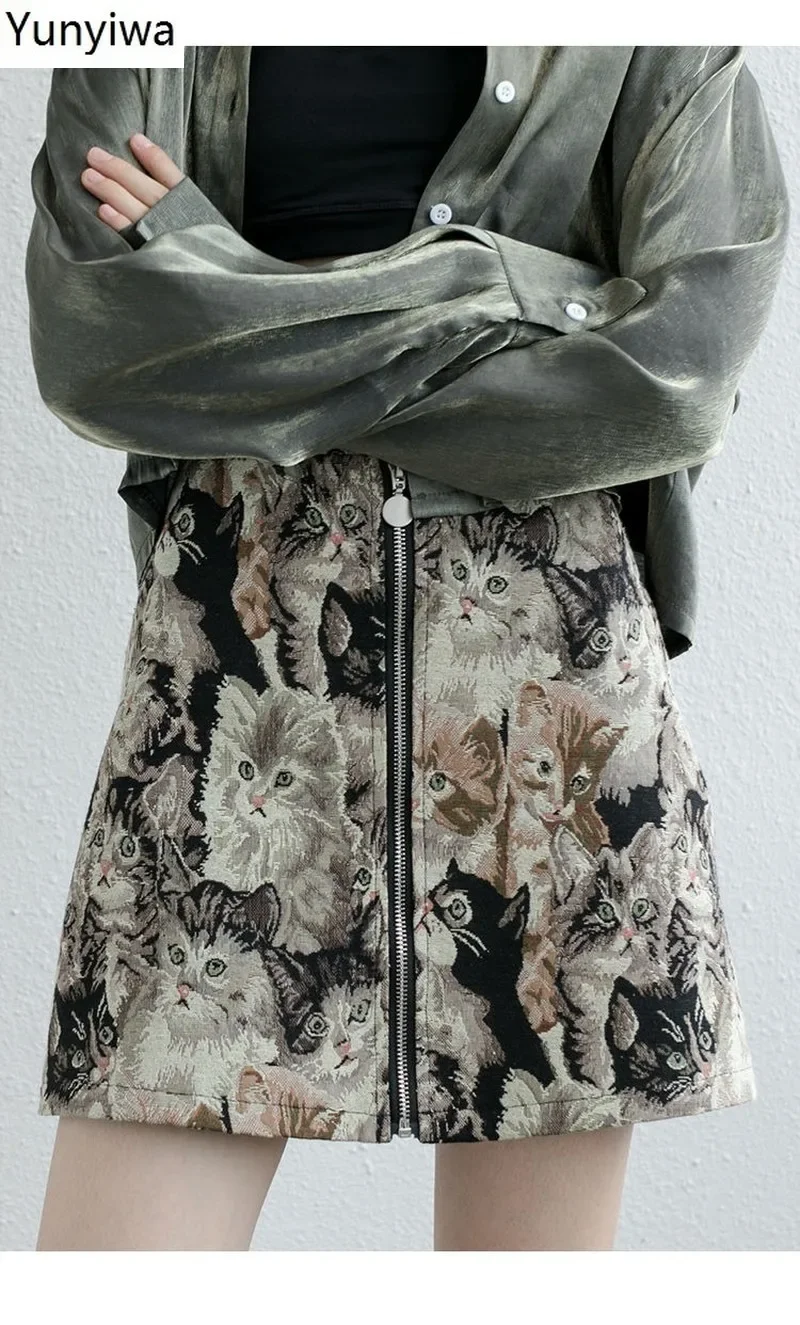 Falda acampanada de cintura alta para Mujer, falda Retro con estampado bordado de gato, prendas de vestir con cremallera, moda de otoño y primavera,