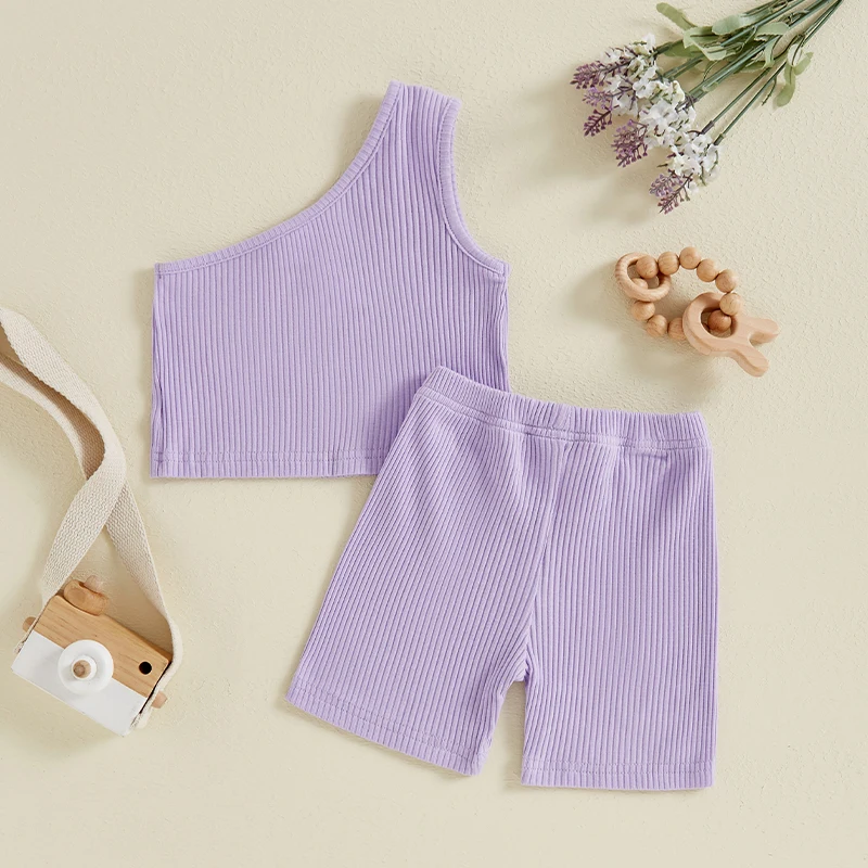 Little Girl Ribbed Set Slash Neck One Shoulder Tank Tops Elastic Waist Shorts Toddler 2 Piece Summer Set