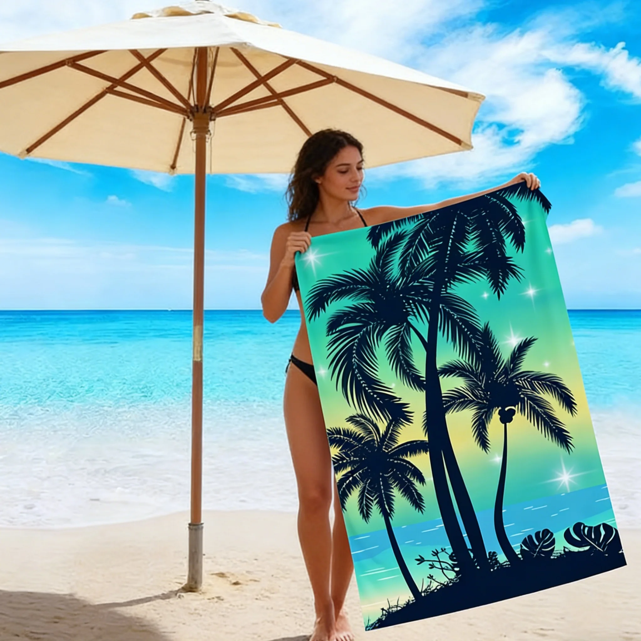 Palm Tree Print Sun Protection Quick Dry Beach Blanket Towel Windproof Anti-Sand Soft Skin Friendly Multi-Size for Swimming Pool