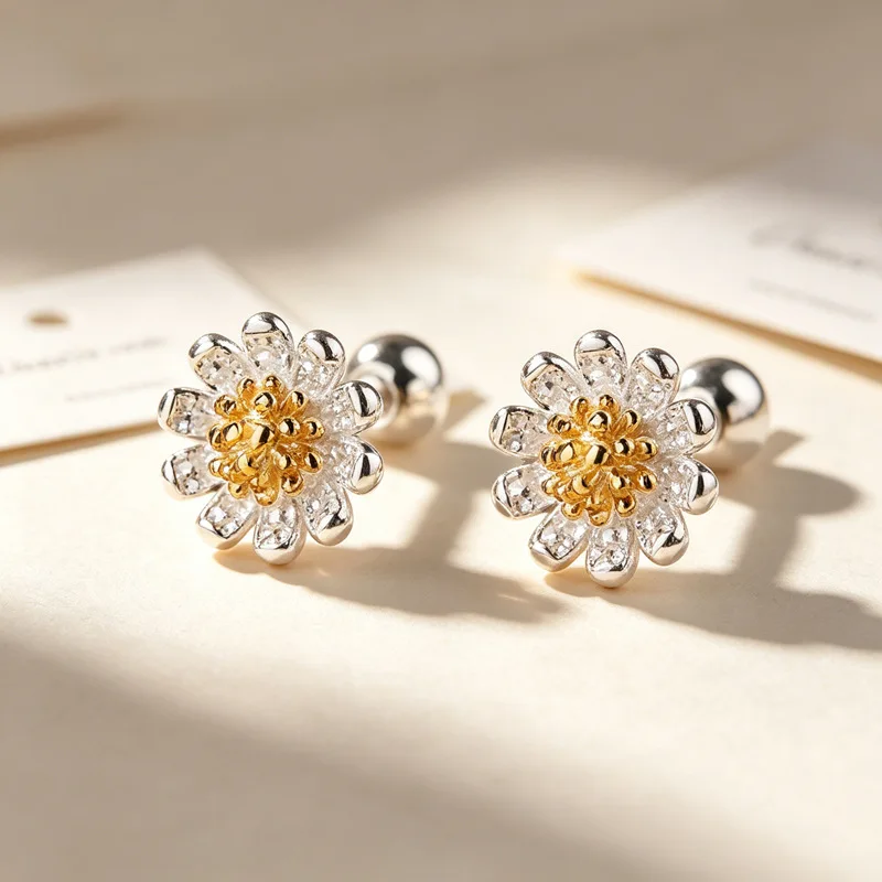 925 Sterling Silver  Stud Earrings Elegant Daisy Flower Small Classic Two Tone For Women Jewelry Gift Dropship Wholesale - view 2