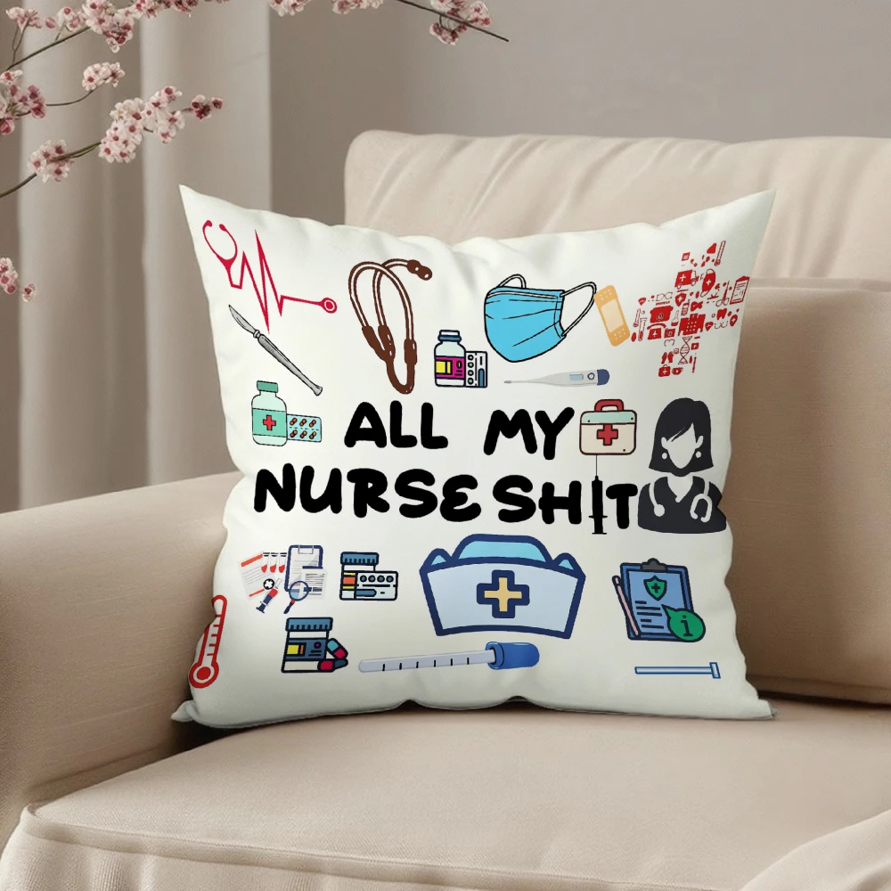 Square Throw Pillow Case White Medical Icons And All My Nurse Shit Text Print For Living Room Bedroom Sofa Chair Decoration