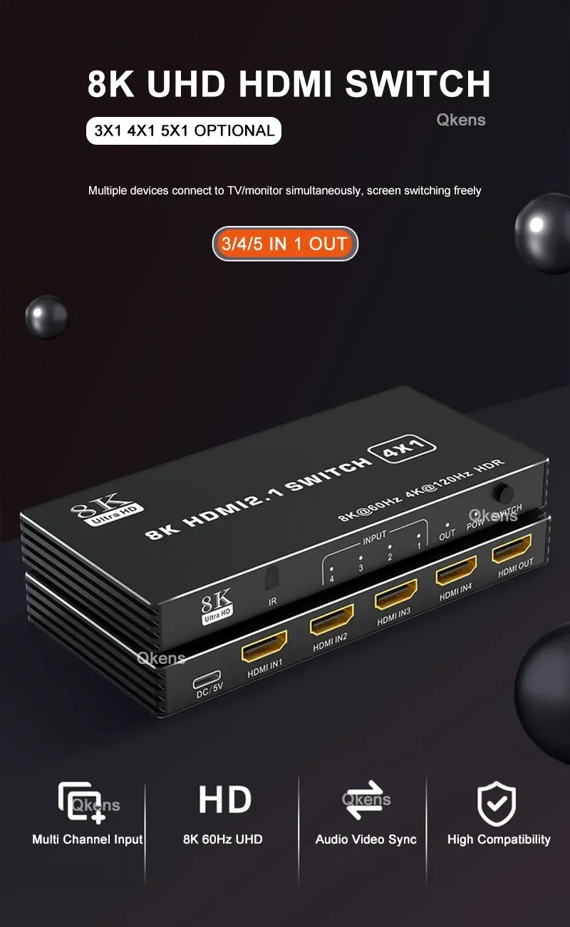 8K 60Hz 3x1 4x1 5x1 HDMI Switch 4K 120Hz HDMI Switcher HDR 3 4 5 in 1 Out Audio Video Converter for Xbox PS5 PC To TV Projector