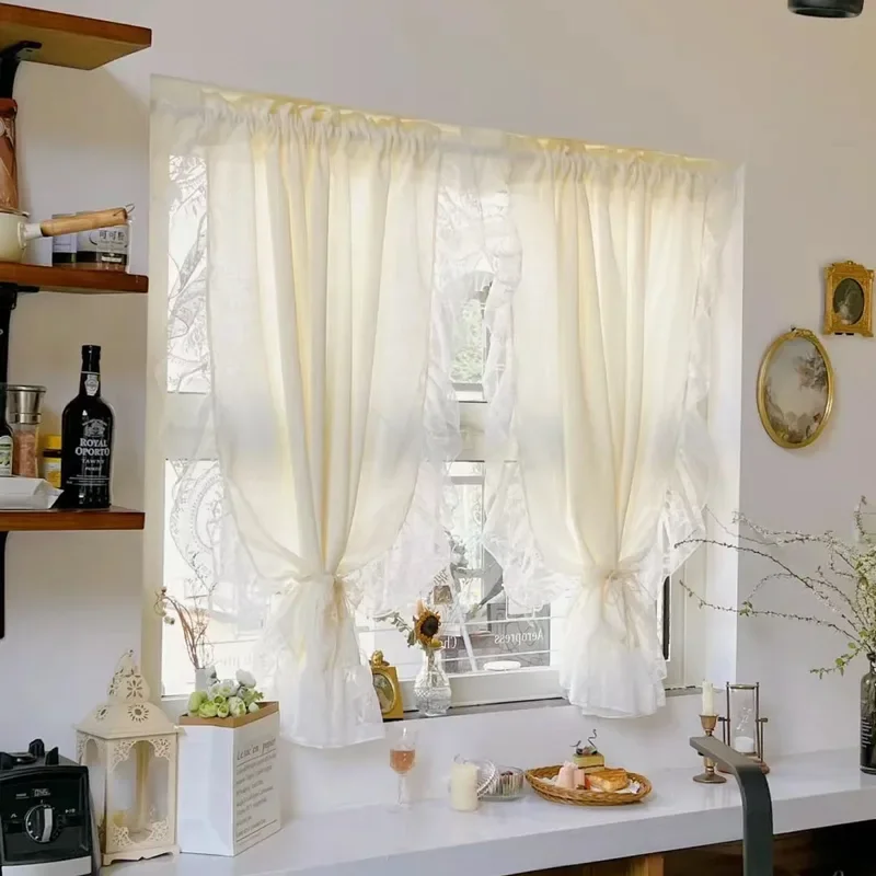 French Cream Style Ruffled Lace Tulle Curtains Light Yellow Romantic Short Sheer Curtain For Living Room Bedroom Glass By