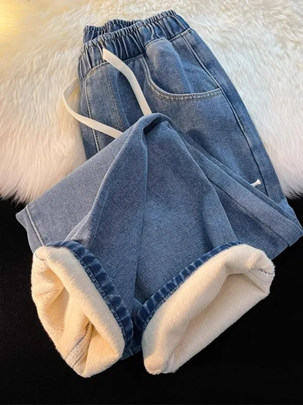 

Широкие джинсы больших размеров, женские зимние модные универсальные теплые джинсовые брюки Thiened Fce с высокой талией, повседневные брюки...