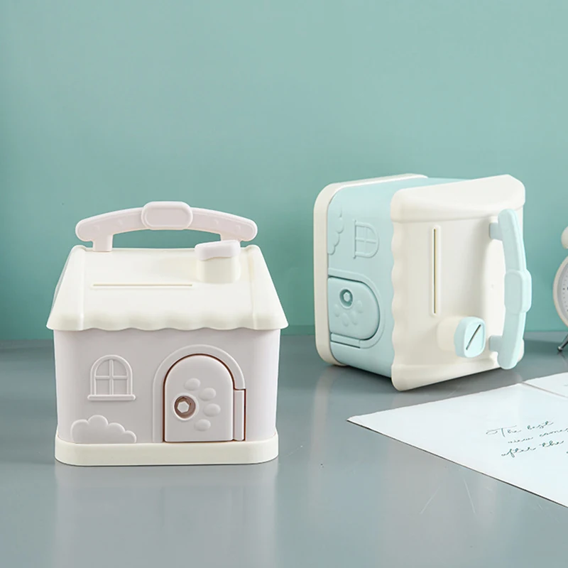 1 Set Children Xmas New Year Gift Cute Small House Piggy Bank Anime Cartoon Square Money Boxes Piggy Bank With Lock And Key