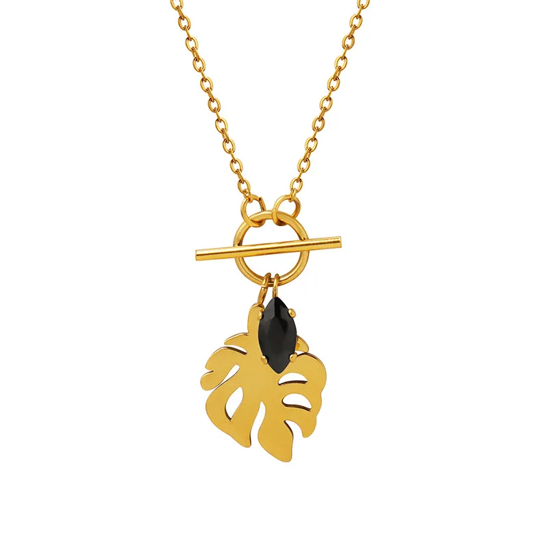 

New leaf shape temperament necklace inlaid with black zircon pendant women's titanium steel gold-plated jewelry