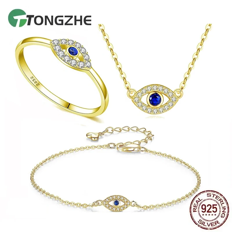

TONGZHE кольцо из стерлингового серебра 925 пробы, ожерелье, браслет от сглаза для женщин, очаровательное кольцо на удачу, синяя цепочка с фианитом, комплект турецких ювелирных изделий