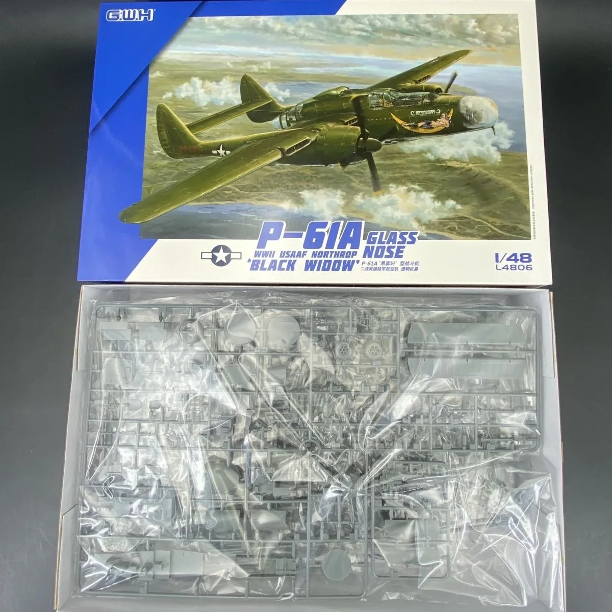 great-wall-l4806-1-48-scale-ww-ii-us-army-p61-p-61-p-61a-black-widow-glass-nose-fighter-plastic-assembly-model-building-kit