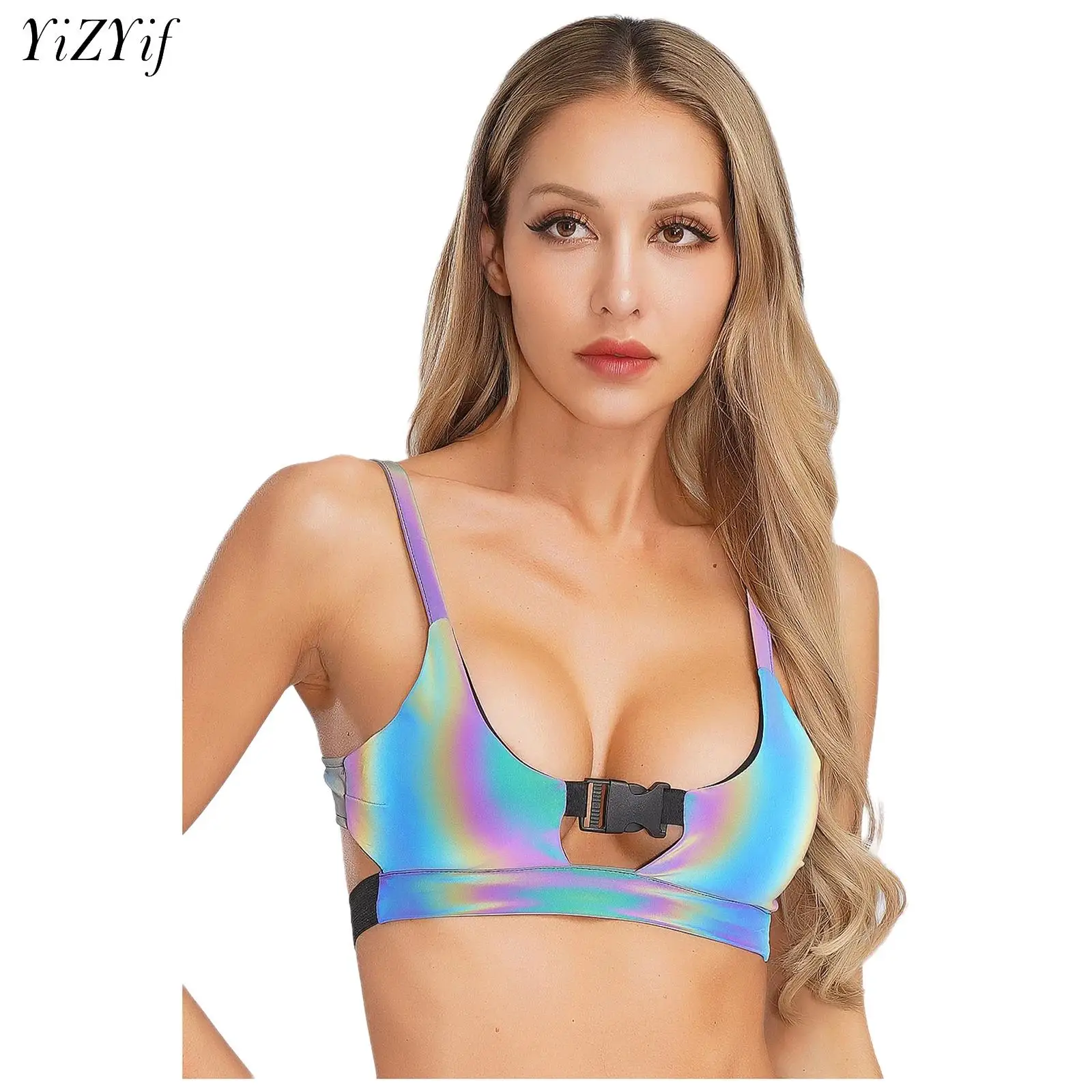 

Summer Women's Fashion Crop Top Reflective Colorful Cami Vest Sexy Hollow out Bra Tops Harajuku Rave Party Festival Clothing