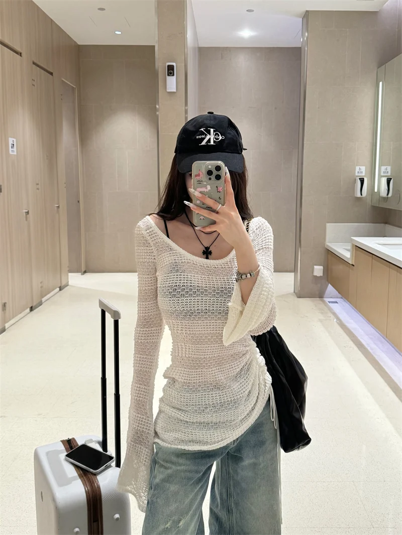 Hollow Out Long Sleeve Knitwear Summer New Beach Cover Up Drawstring Off Shoulder Design Solid Slim Irregular Pullover Women