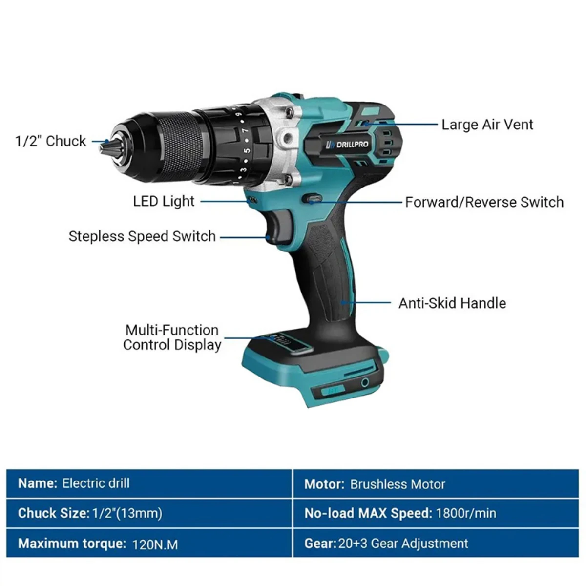 Drillpro 13MM Brushless Electric Impact Drill 120N. m  20+3 Torque Screwdriver Hammer Drill Power Tool For Makita 18V Battery