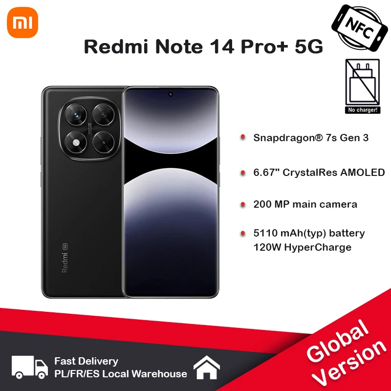 Xiaomi Redmi Note 14 Pro + 5G NFC sans chargeur, écran cristal Snapdragon de 6,67 pouces ® 7S Gen3