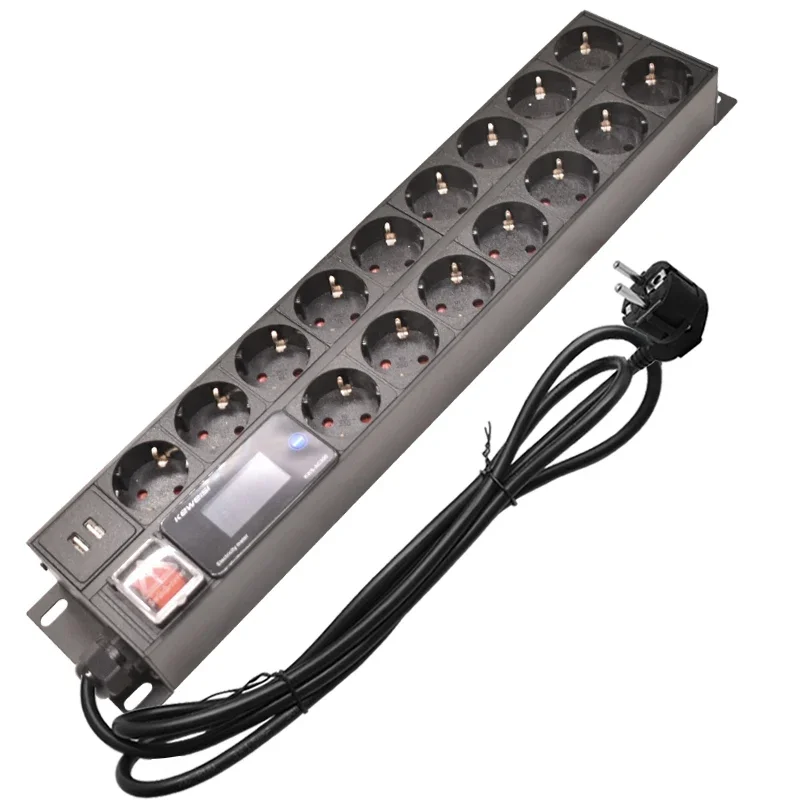 19Inch Power distribution unit 2U PDU power strip Voltmeter Ammeter Power Energy Meter  2USB 16 Ways Extenison Socket 2meter