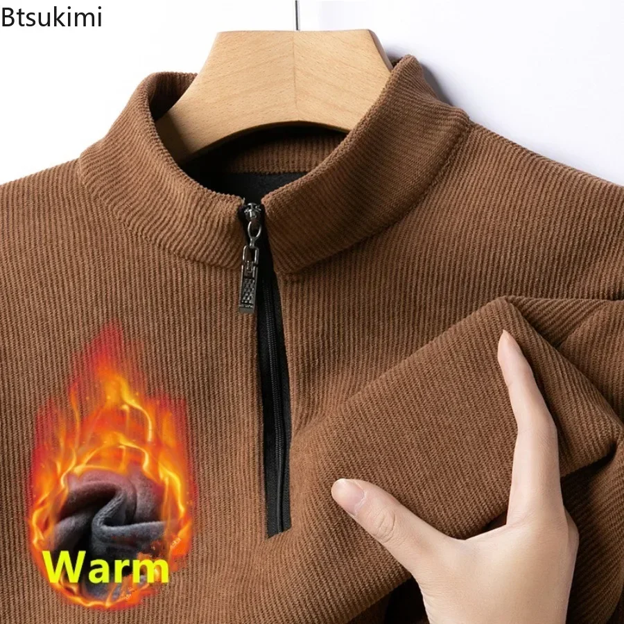 New Men's Warm Hoodies Fashion Plus Velvet Thickened Half Zip Stand Collar Pullovers Casual Solid Thermal Bottoming Tops for Men
