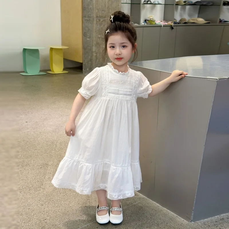Girls' lace patchwork dress, stylish children's short sleeved princess dress, little girls' summer vacation style, long skirt