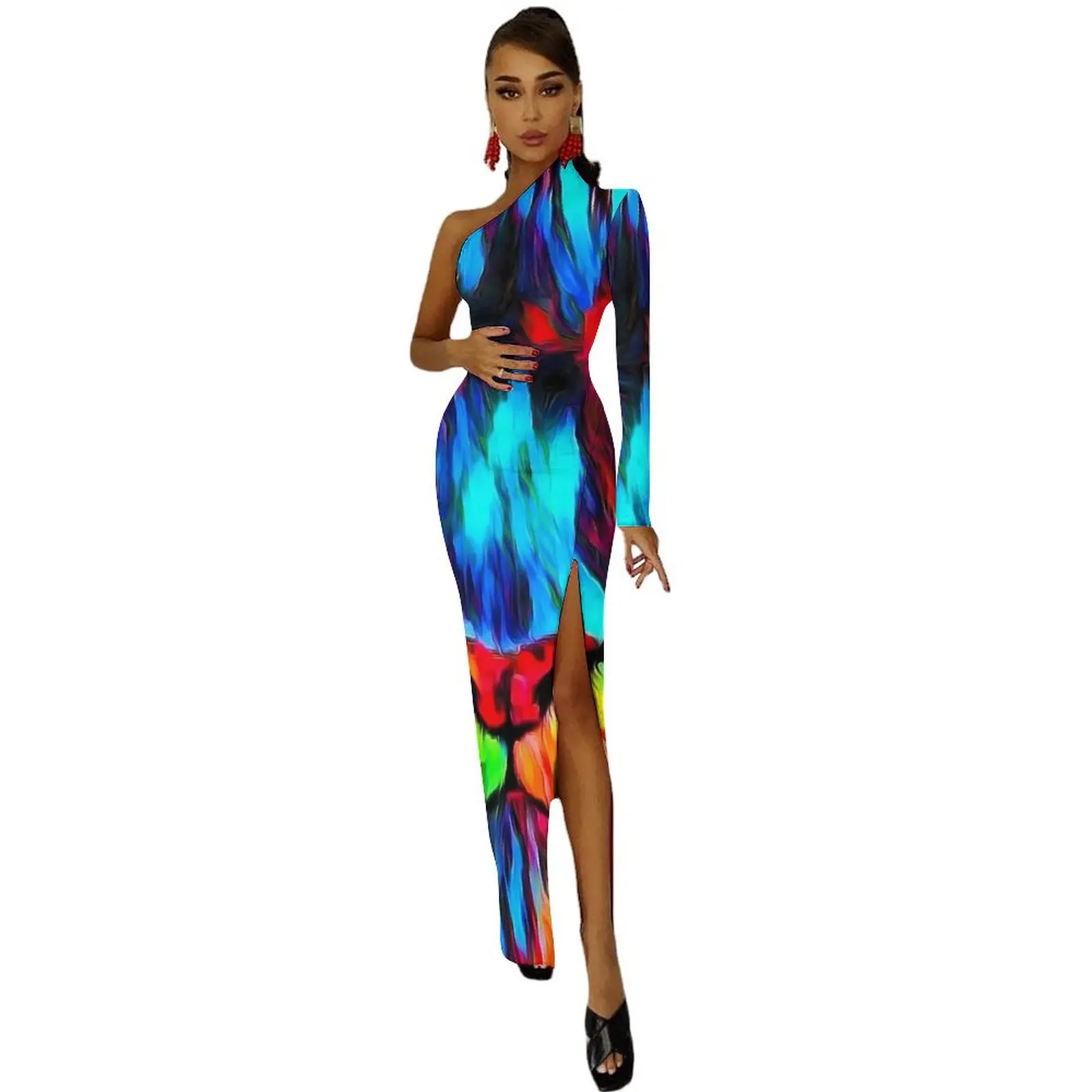 Tger Look Art Painting Bodycon Dress Summer Abstract Animal Retro High Slit Long Dresses One Shoulder Custom Aesthetic Dress