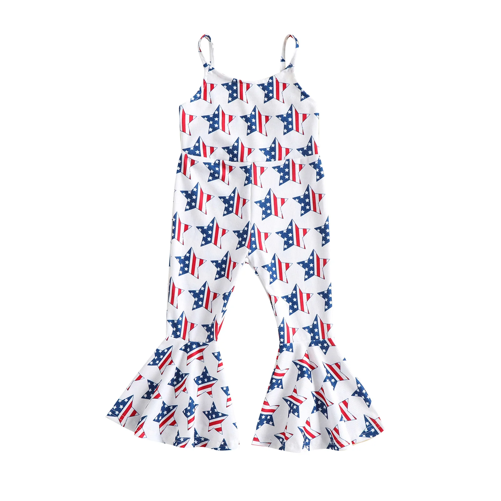 

2022-03-23 Lioraitiin 0-5Years Toddler Baby Kid Girls Jumpsuit Independence Day Spaghetti Straps Star Stripes Print Flare Pants