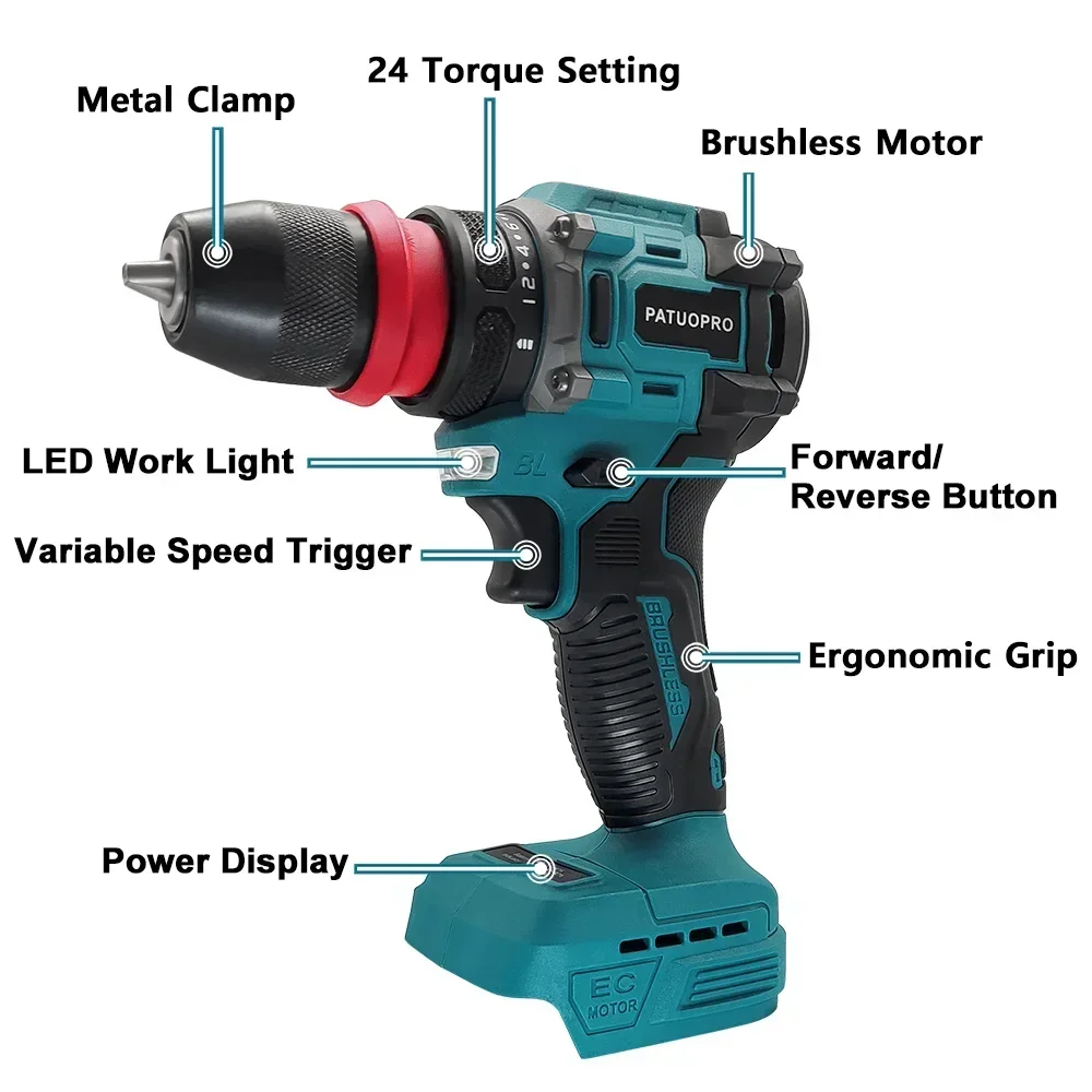 PATUOPRO 2 In 1 Cordless Electric Drill 10MM Chuck Brushless Screwdriver Rechargeable Driver Power Tool For Makita 18V Battery