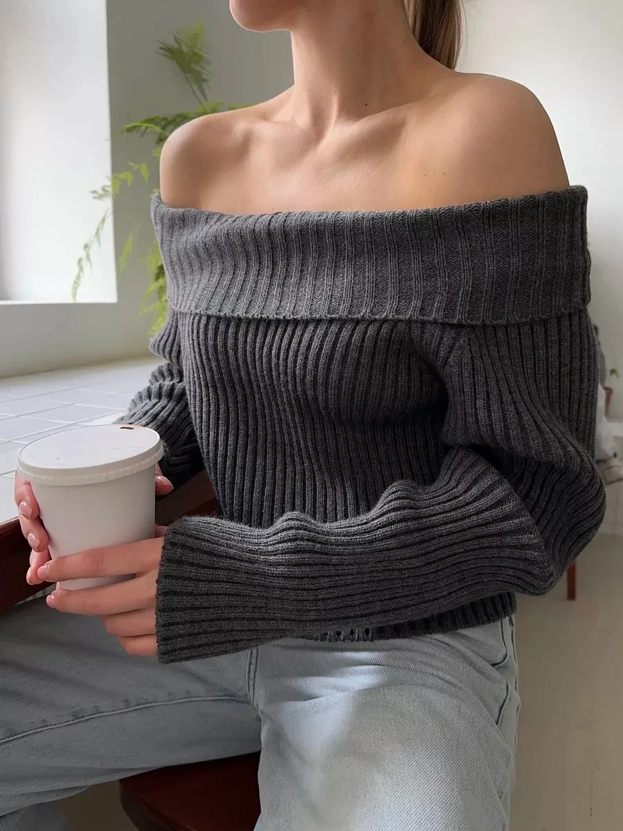 Damenmode grauer Pullover offene Schultern stricken Langarm Nudel fester Pullover Winter gestrickter kurz geschnittener Pullover