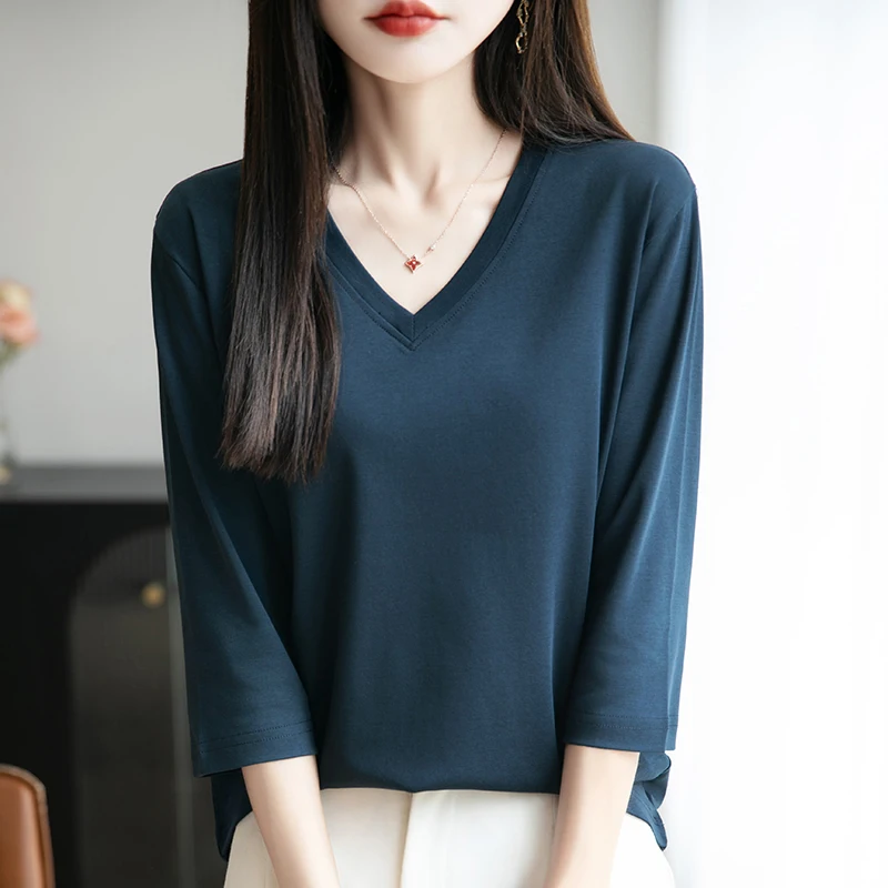 

Summer New Cool Mercerized Cotton Cropped Sleeves V-neck T-shirt Women Loose Joker Simple Solid Color Top Bottoming Shirt