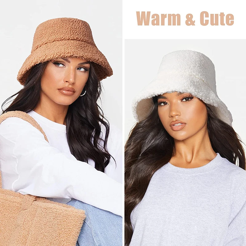 2022 Winter Unisex Furry Bucket Hat Solid Colors Women Men Faux Fur Bucket Hats Autumn Lamb Wool Outdoor Warm Panama Flat Cap