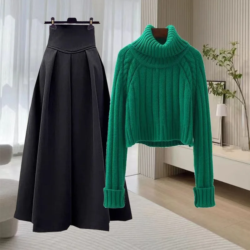

Short High Neck Pullover Sweater Women's Fall/Winter 2023 Long Sleeved Knitwear A-line Half Skirt Two Piece Set Female Clothes