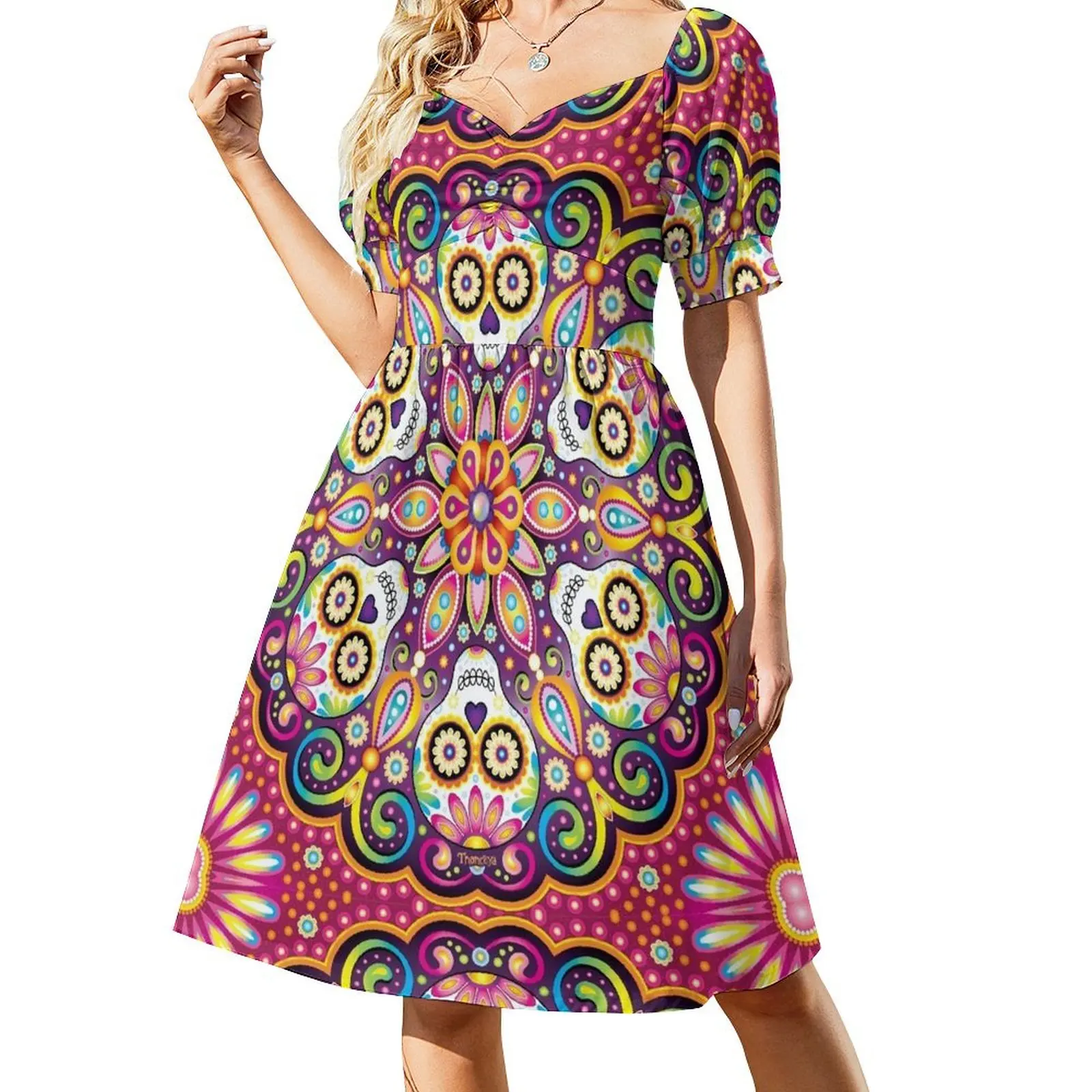 

Sugar Skull Mandala - Day of the Dead Mandala Art by Thaneeya McArdle Short Sleeved Dress cocktail dresses dress dresses Dress