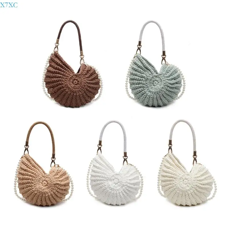 

X7XC Women Conch Handbag Handwoven Shoulder Bag with Pearls Strap Top Handle Bag Stylish Crossbody Bag Seashells Bag