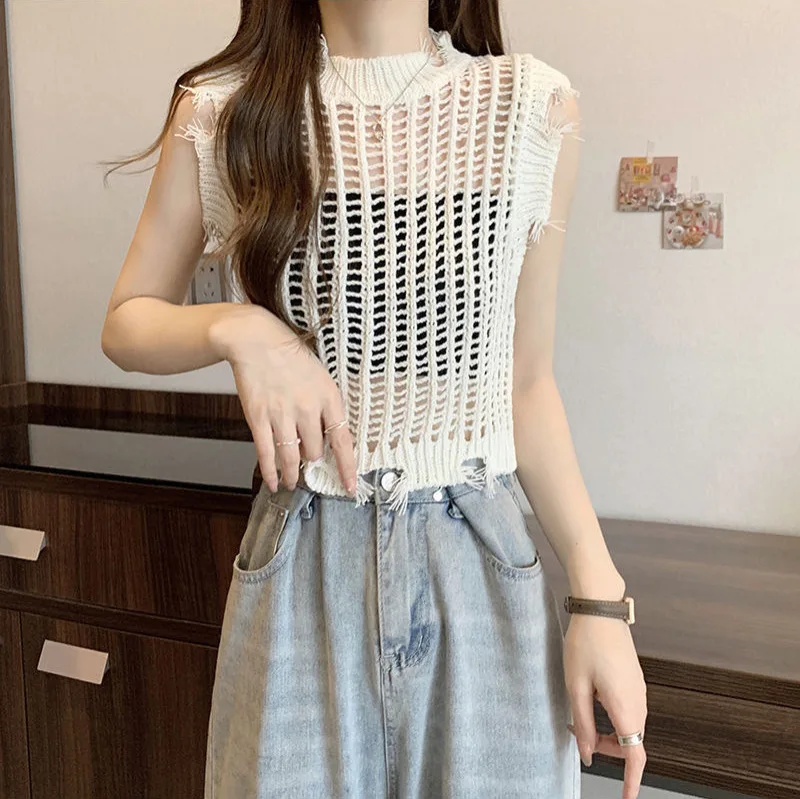 

Hollow out Design round Ne Svel Knitted T-irt Women's Summer New Faionable Overhead ort Sle Casual Sle