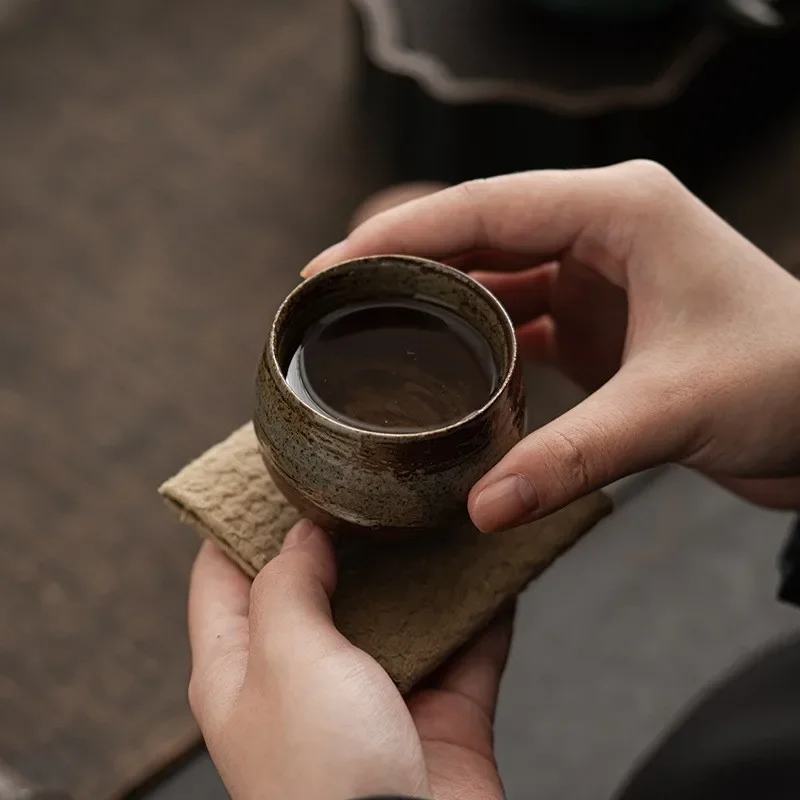 Japanese Handmade Rough Pottery Tea Cup Ceramic Kung Fu Tea Set Single Cup Antique Style Quiet Path Antique Craftsmanship Gift